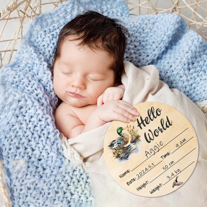R HORSE Baby Birth Announcement Sign with Marker Pen Mallard Duck Baby Name Sign with Ink Pad for Hand and Footprints Wooden Hello World Newborn Announcement Nursery Decor Keepsake Gifts - Image 3