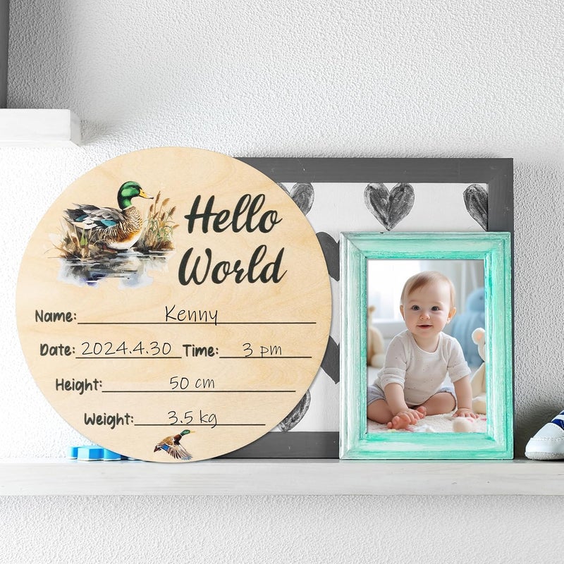 R HORSE Baby Birth Announcement Sign with Marker Pen Mallard Duck Baby Name Sign with Ink Pad for Hand and Footprints Wooden Hello World Newborn Announcement Nursery Decor Keepsake Gifts - Image 5