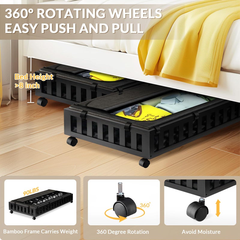 Gashell 2 Pack Bamboo Under Bed Storage with Wheels, 39â€x20â€x7.8â€ Lager Under Bed Storage Containers (Black) - Image 4
