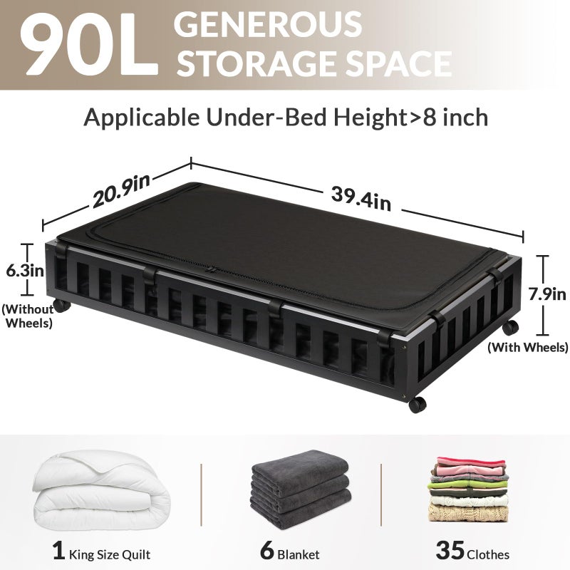Gashell 2 Pack Bamboo Under Bed Storage with Wheels, 39â€x20â€x7.8â€ Lager Under Bed Storage Containers (Black) - Image 2