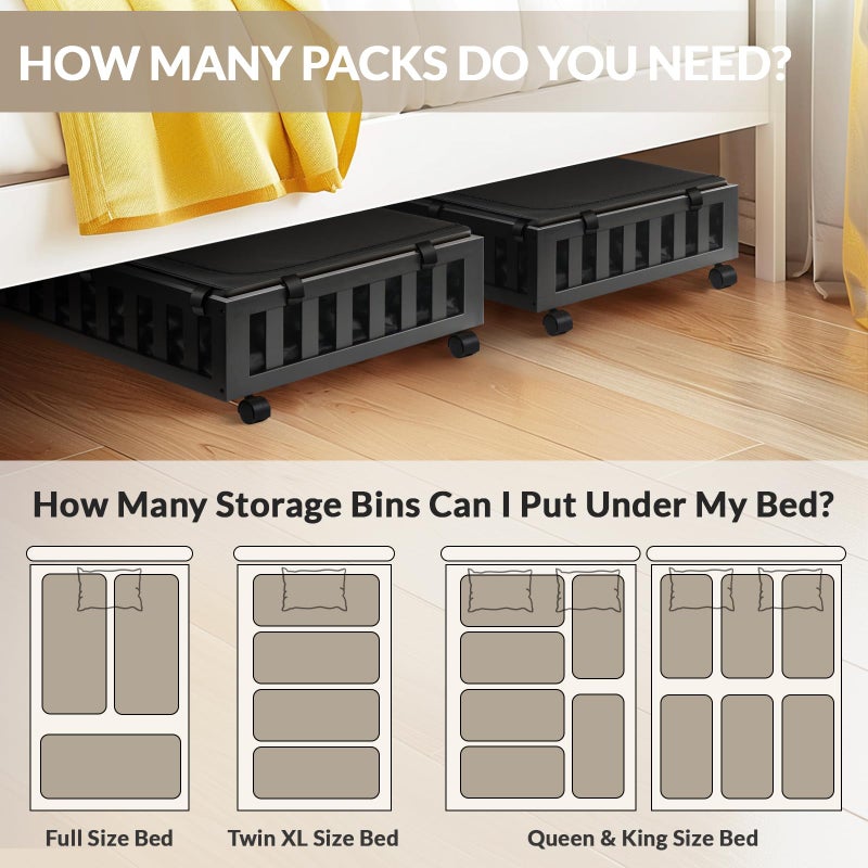 Gashell 2 Pack Bamboo Under Bed Storage with Wheels, 39â€x20â€x7.8â€ Lager Under Bed Storage Containers (Black) - Image 3