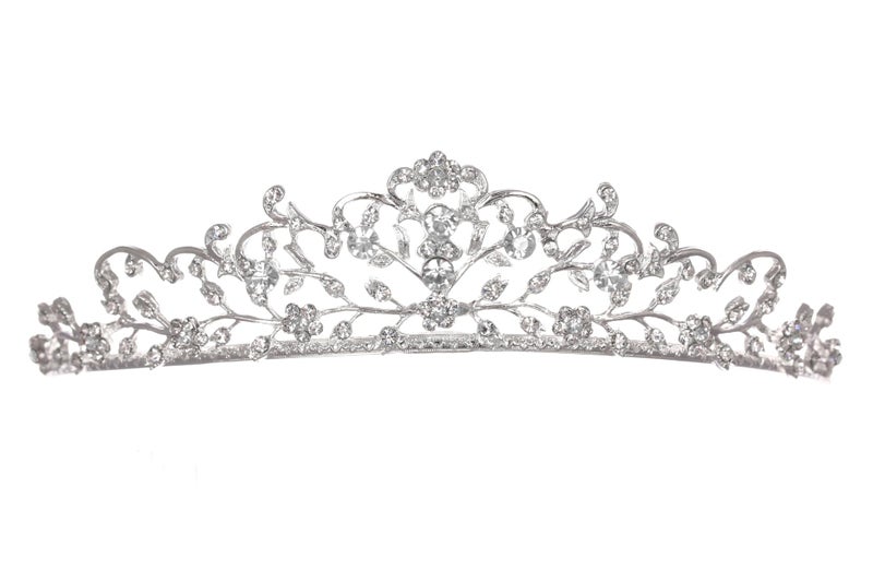 Flower Vine Design Bridal Tiara Crown Clear Crystals Silver Plating T654