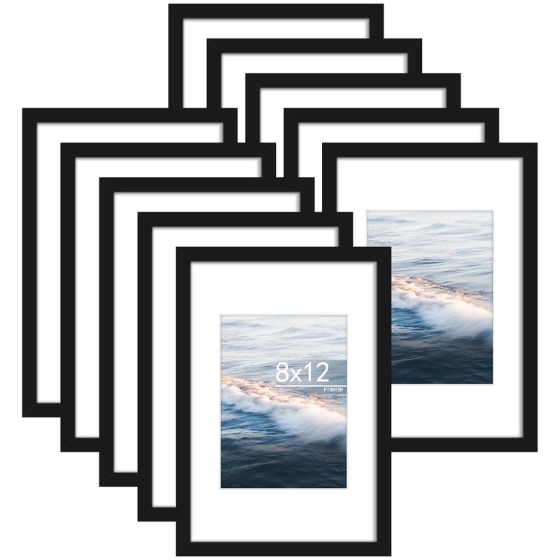 Fisnish 8x12 Picture Frame Sef of 10  Display Pictures 6x8 with Mat or 8 x 12 Without Mat  Photo Frame Collage for Wall Gallery Decor  Wall Mounted  Black - Image 1