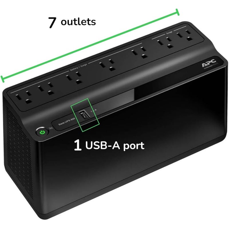 APC UPS Battery Backup and Surge Protector, 600VA/330 Watts Backup Battery Power Supply, BE600M1 Back-UPS with USB Charger Port - Image 2