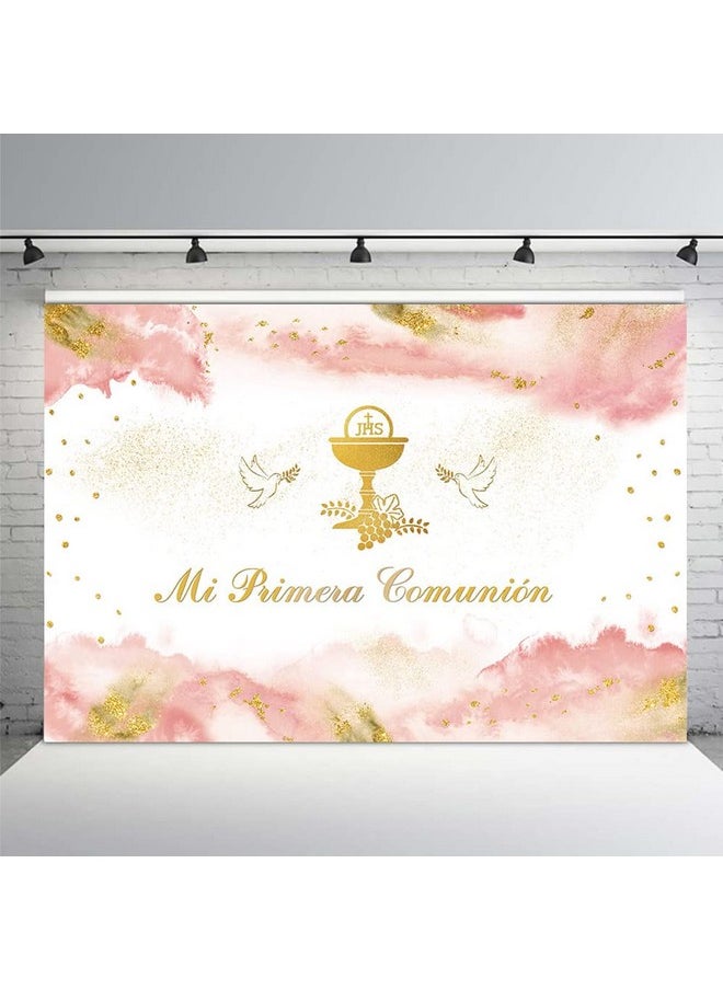 MEHOFOND Gold Bless Backdrop For Girl Mi Primera Comunion Gold Sequins First Holy Communion Light Pink Pastel Watercolor Clouds Background Newborn Baby Shower Gender Reveal Party Studio Props 7X5Ft  - Image 2