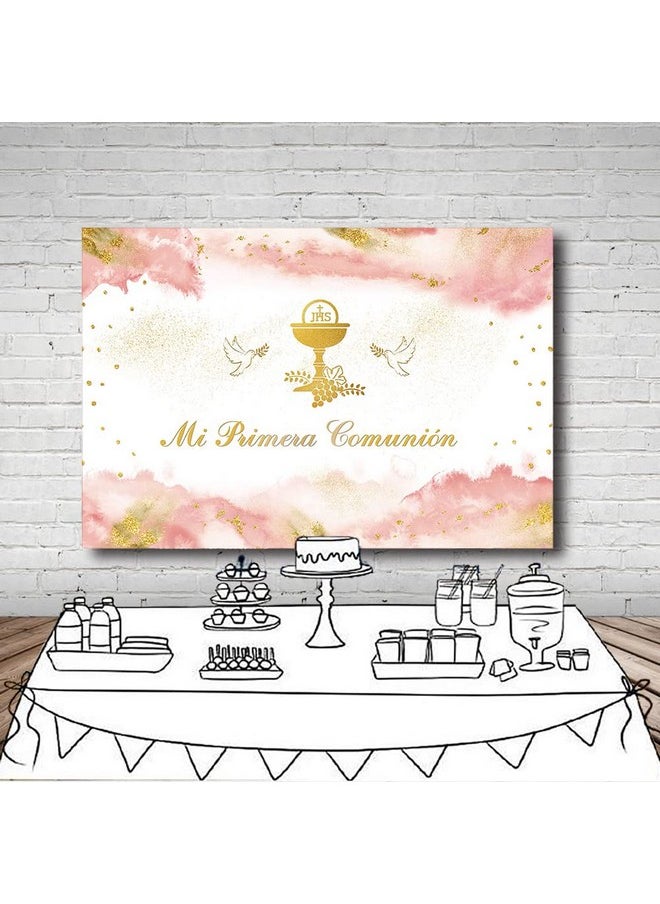 MEHOFOND Gold Bless Backdrop For Girl Mi Primera Comunion Gold Sequins First Holy Communion Light Pink Pastel Watercolor Clouds Background Newborn Baby Shower Gender Reveal Party Studio Props 7X5Ft  - Image 5