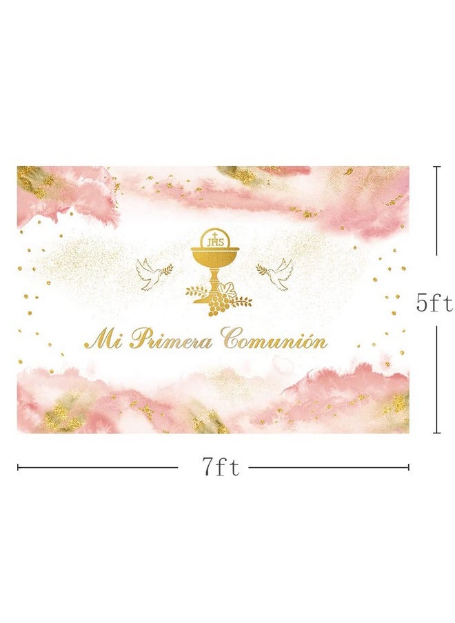 MEHOFOND Gold Bless Backdrop For Girl Mi Primera Comunion Gold Sequins First Holy Communion Light Pink Pastel Watercolor Clouds Background Newborn Baby Shower Gender Reveal Party Studio Props 7X5Ft  - Image 4
