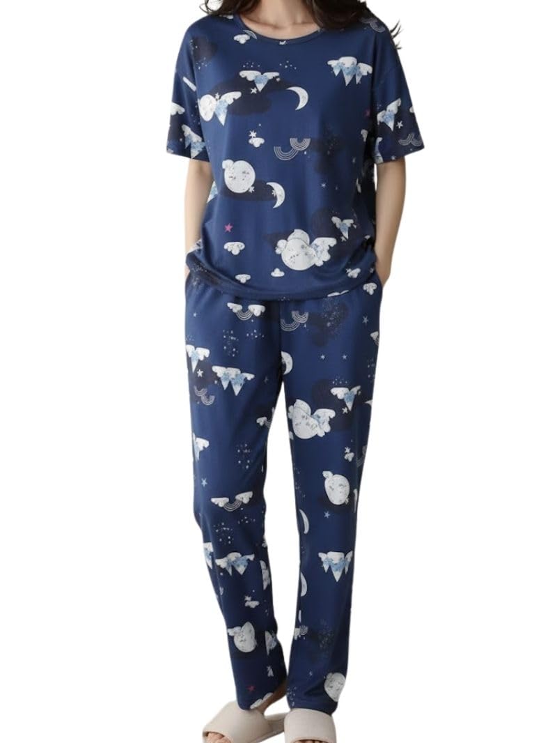 SMOWKLY Women’s Korean Style Night Suit Set | Cotton Half Sleeve Top & Pyjama Set | Round Neck Printed Nightsuit | Comfortable Nightwear & Loungewear for Women(1130CRTN_NBL_XL) Navy Blue - Image 1