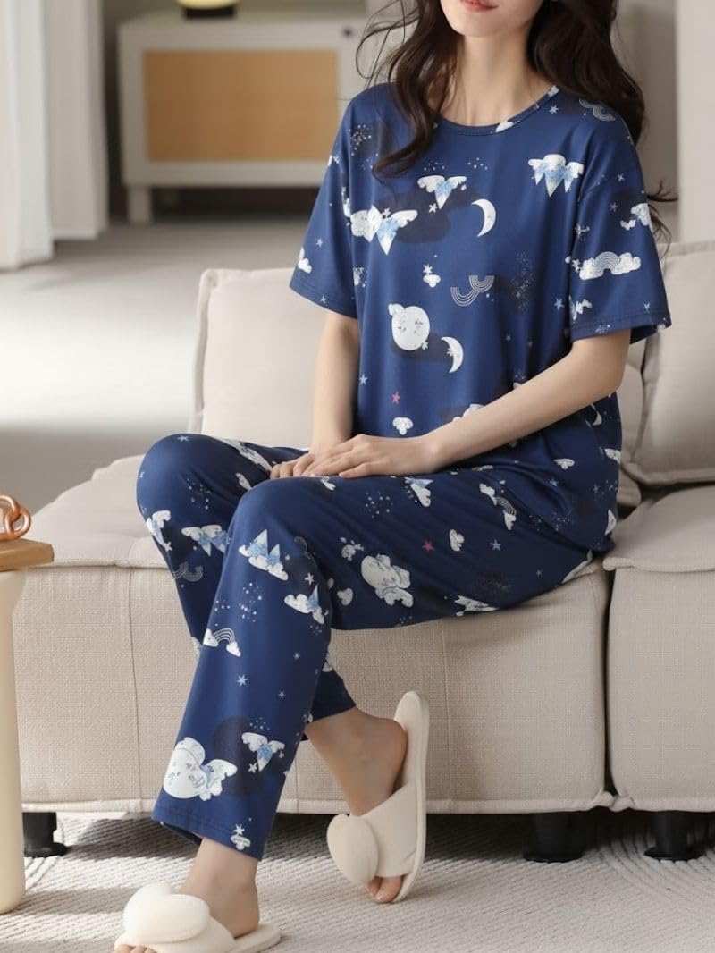 SMOWKLY Women’s Korean Style Night Suit Set | Cotton Half Sleeve Top & Pyjama Set | Round Neck Printed Nightsuit | Comfortable Nightwear & Loungewear for Women(1130CRTN_NBL_XL) Navy Blue - Image 3