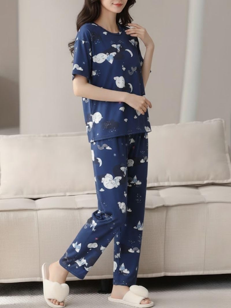 SMOWKLY Women’s Korean Style Night Suit Set | Cotton Half Sleeve Top & Pyjama Set | Round Neck Printed Nightsuit | Comfortable Nightwear & Loungewear for Women(1130CRTN_NBL_XL) Navy Blue - Image 2