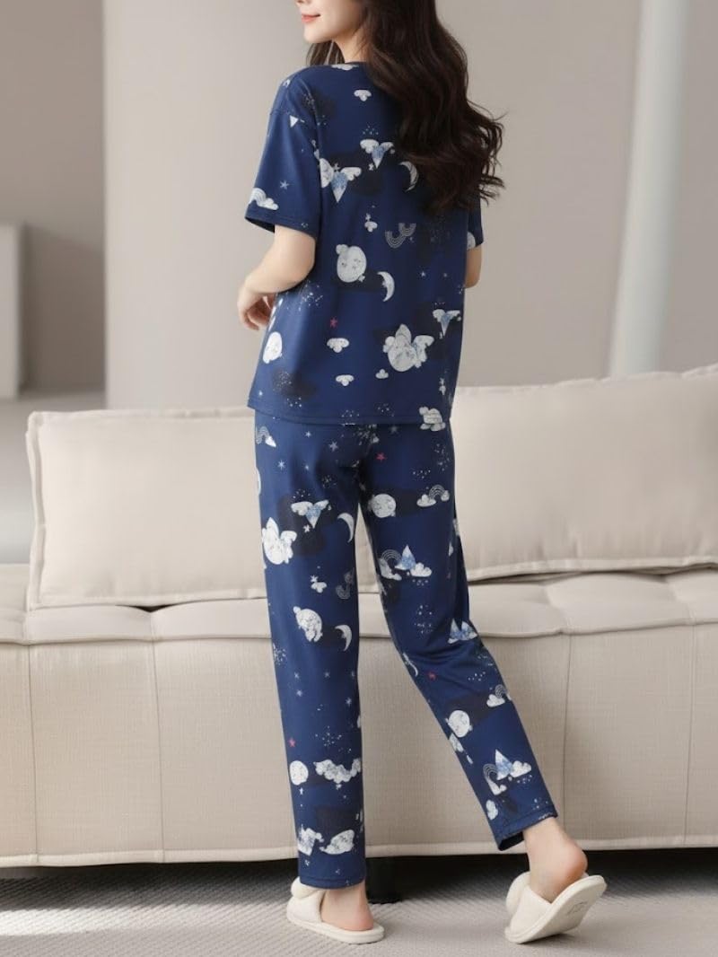 SMOWKLY Women’s Korean Style Night Suit Set | Cotton Half Sleeve Top & Pyjama Set | Round Neck Printed Nightsuit | Comfortable Nightwear & Loungewear for Women(1130CRTN_NBL_XL) Navy Blue - Image 4