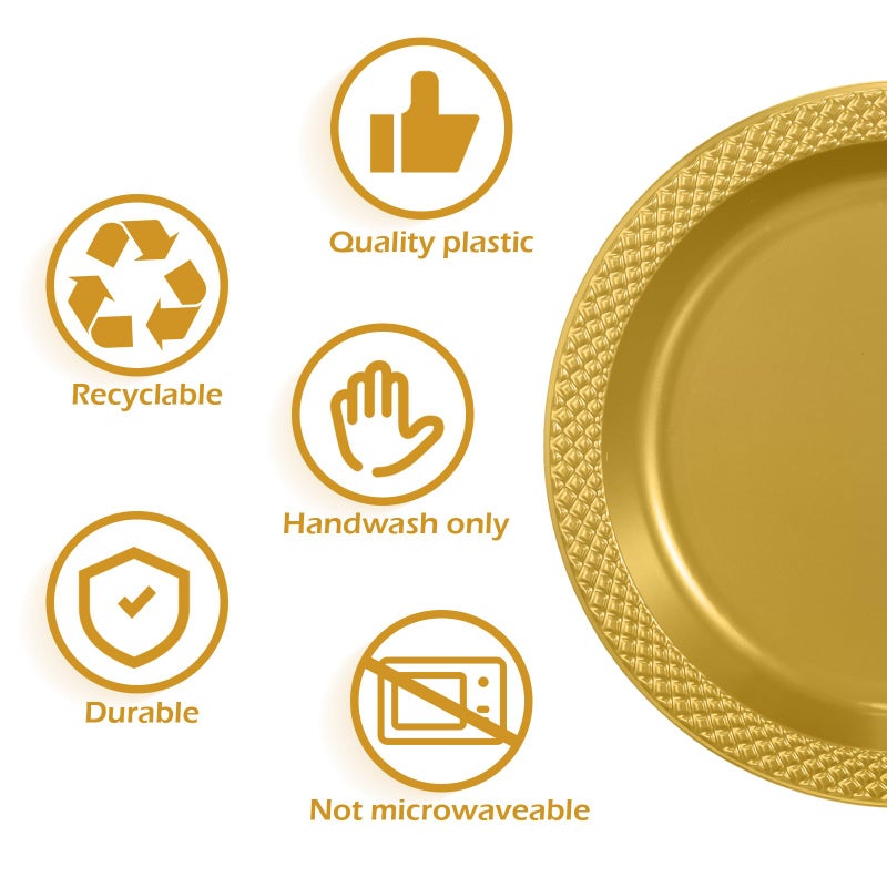 Zopeal 200 Pcs Gold Plastic Dessert Plates 6 Inch Round Gold Disposable Plates Heavy Duty Wedding Dinner Tableware for Birthday Party Dinner Picnic Salad  Appetizer Party Supplies - Image 3