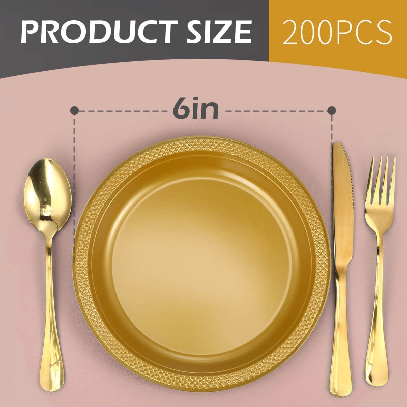 Zopeal 200 Pcs Gold Plastic Dessert Plates 6 Inch Round Gold Disposable Plates Heavy Duty Wedding Dinner Tableware for Birthday Party Dinner Picnic Salad  Appetizer Party Supplies - Image 2