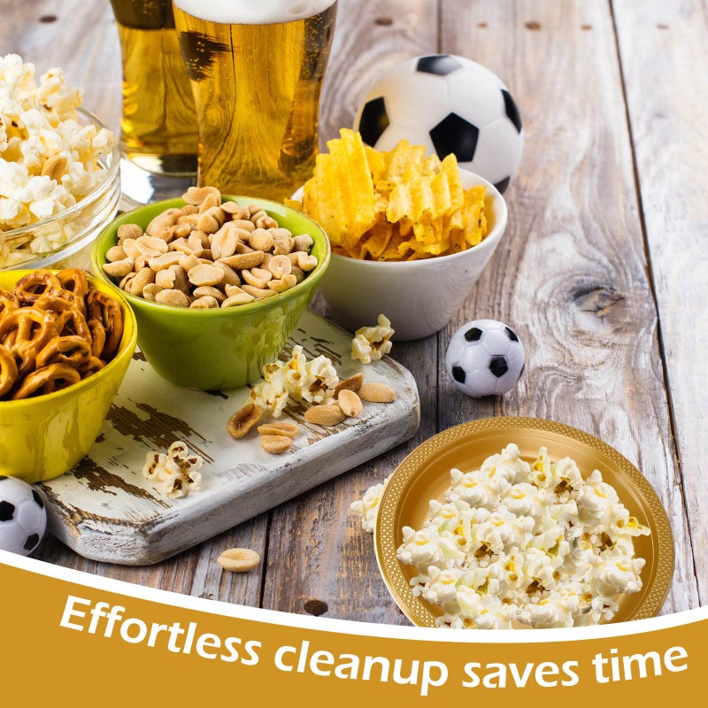 Zopeal 200 Pcs Gold Plastic Dessert Plates 6 Inch Round Gold Disposable Plates Heavy Duty Wedding Dinner Tableware for Birthday Party Dinner Picnic Salad  Appetizer Party Supplies - Image 4