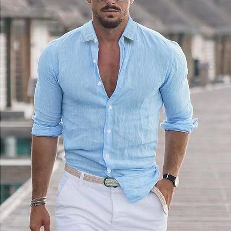 Men And Women Summer Cotton Linen Lapel Beach Shirt Long Sleeve Pure Multi-Color Hawaiian Holiday Clothing - Image 1