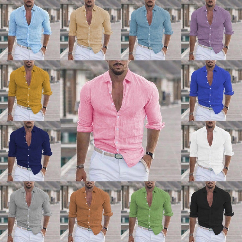 Men And Women Summer Cotton Linen Lapel Beach Shirt Long Sleeve Pure Multi-Color Hawaiian Holiday Clothing - Image 2