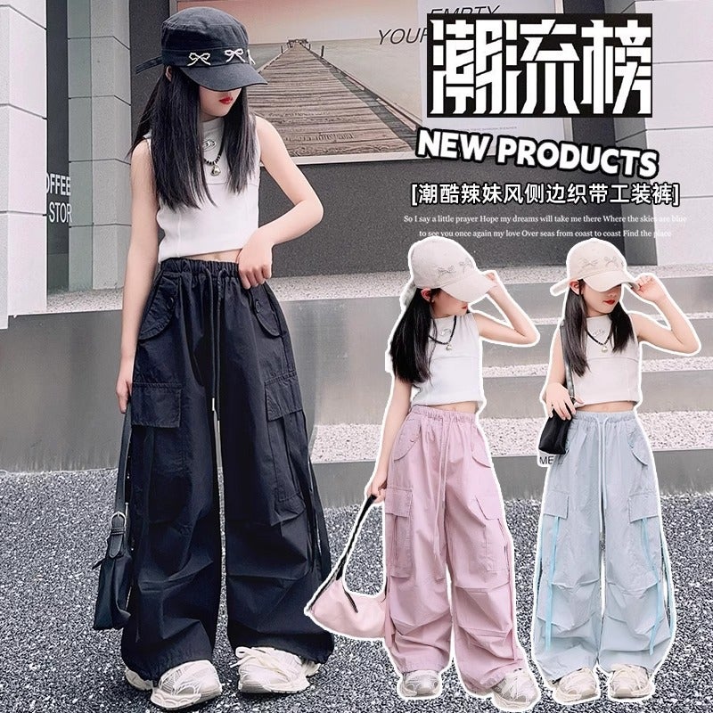 Girls' Fashion Workwear Casual Pants 2025 New Style Girls Loose Spice Girl Style Ribbon Long Pants - Image 2