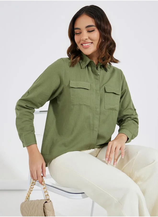 Styli Solid Regular Fit Pocket Detail Long Sleeve Shirt