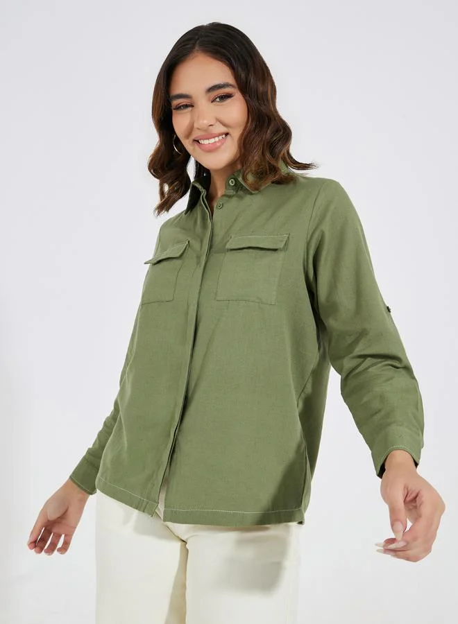 Styli Solid Regular Fit Pocket Detail Long Sleeve Shirt