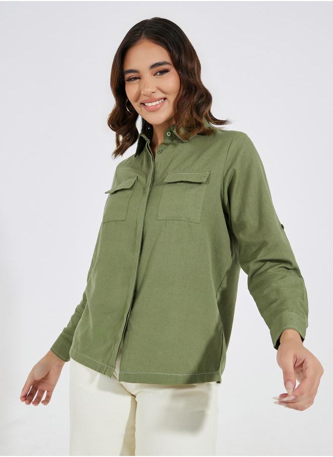 Styli Solid Regular Fit Pocket Detail Long Sleeve Shirt  - Image 3