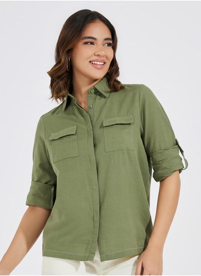 Styli Solid Regular Fit Pocket Detail Long Sleeve Shirt  - Image 4
