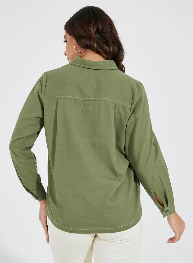 Styli Solid Regular Fit Pocket Detail Long Sleeve Shirt