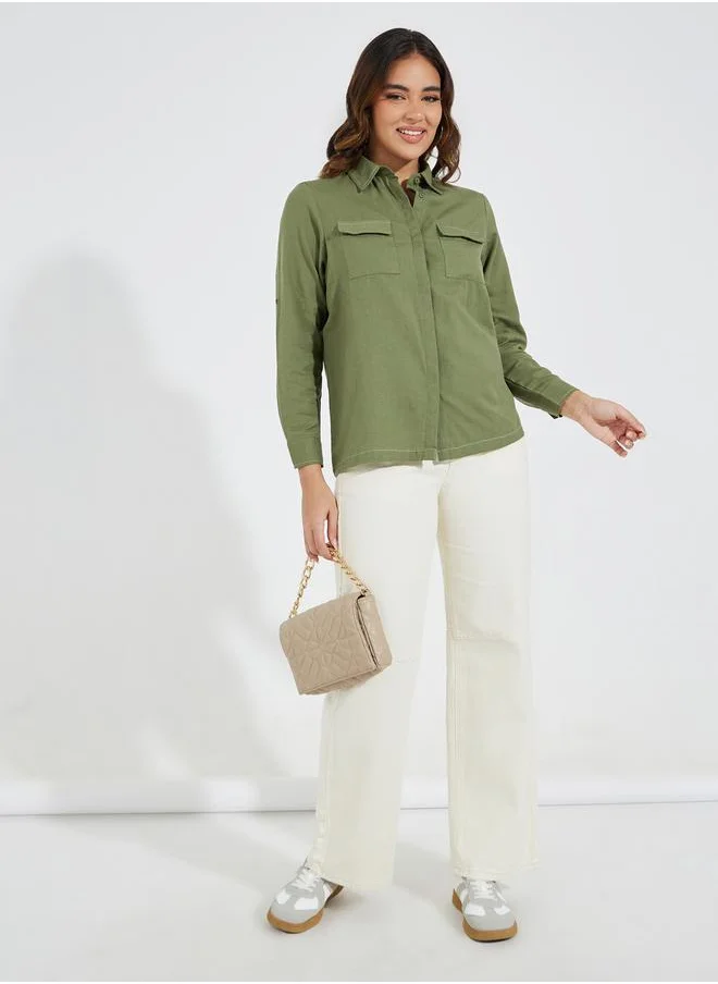 Styli Solid Regular Fit Pocket Detail Long Sleeve Shirt