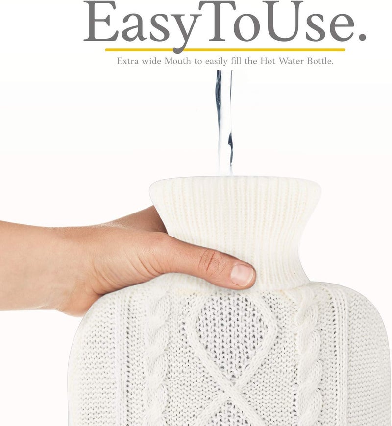 Qomfor Hot Water Bottle - Premium Soft Knit Cover - Large Capacity 1.8L - Hot Water Bottle with Knitted House for Pain Relief, Back, Neck & Shoulders & Cosy Warm Nights - White - Image 4