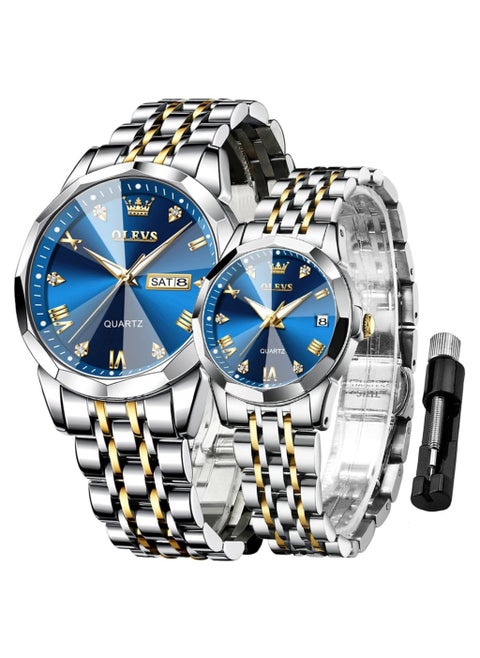 OLEVS His and Her Couple Watches Business Men Women Couple Set Pair Watch Matching Romantic Quartz Watch Stainless Steel Waterproof Date Men's Watches Women Watches Wrist Watch