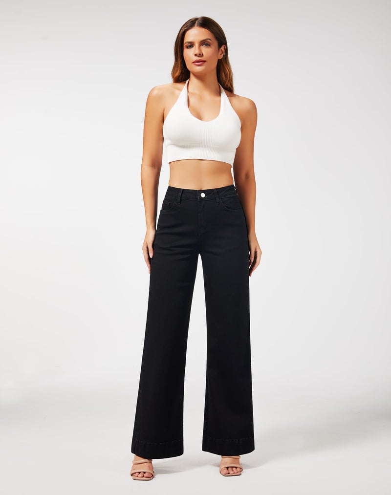 roswear Women's Wide Leg Jeans Casual High Waisted Stretchy Baggy Loose Long Trouser Jeans Black Medium - Image 3
