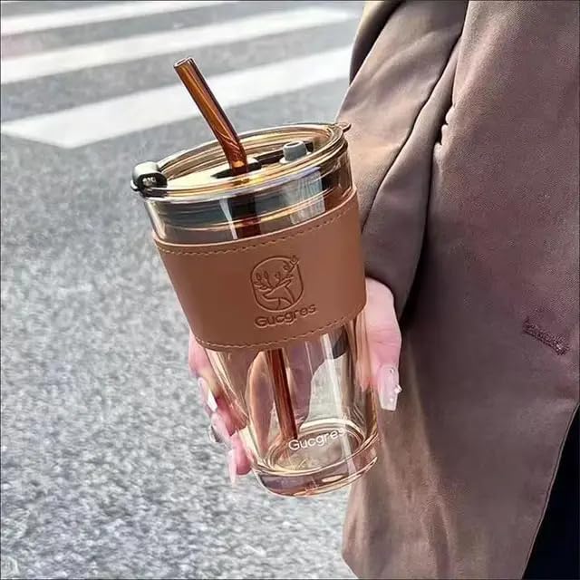 SKDBPM Premium Glass Sipper Fruit Juice Milk Tumbler Mug with Leather Sleeve Glass Coffee Mug with Glass Straw and Lid Glass Tumbler for Coffee Tea Milk Beverages Travel Cup 450MLPack of 1Brown - Image 1