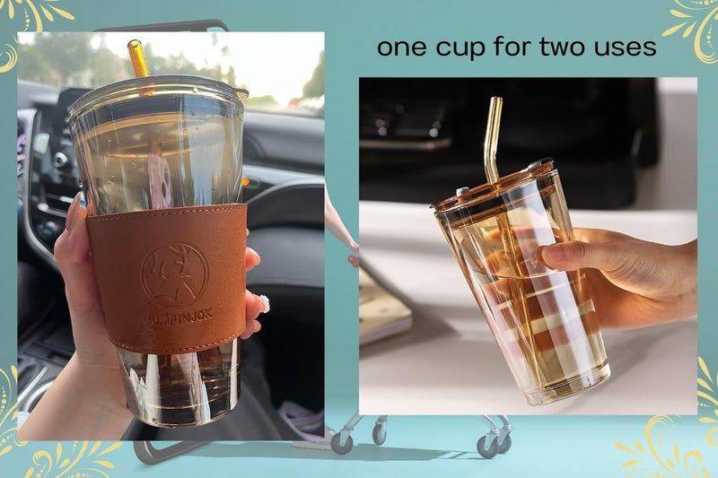 SKDBPM Premium Glass Sipper Fruit Juice Milk Tumbler Mug with Leather Sleeve Glass Coffee Mug with Glass Straw and Lid Glass Tumbler for Coffee Tea Milk Beverages Travel Cup 450MLPack of 1Brown - Image 5