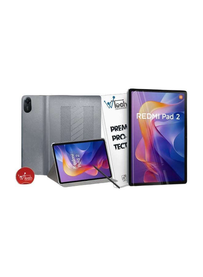 BYTER Xiaomi Redmi Pad 2 2025 (11.0 inches) Classic PU Leather Trifold Stand Flip Case Cover (TCFPSR) - Grey & Xiaomi Redmi Pad 2 2025 (11.0 inches) 9H Ultra HD Tempered Glass Tablet Screen Protector (TSG9CN) - Clear Bundle - Image 1