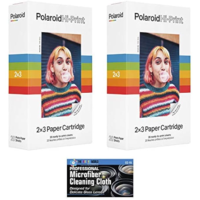 POLAROID HI-PRINT 2 X 3 PAPER CARTRIDGES - 2 PACK, 40 SHEETS - WITH MICROFIBER CLEANING CLOTH