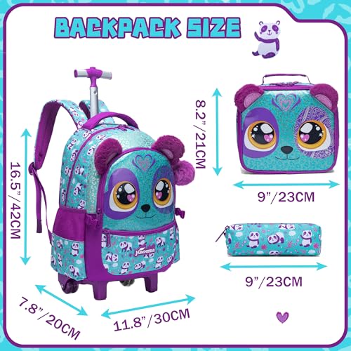 Meetbelify Rolling Backpack for Girls Backpacks with Wheels for Elementary Preschool Students Kids 3 in 1 Travel Luggage Carry on Suitcase with Lunch Box Pencil Case for Girls Age 8-10 - Image 2