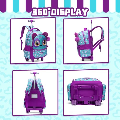 Meetbelify Rolling Backpack for Girls Backpacks with Wheels for Elementary Preschool Students Kids 3 in 1 Travel Luggage Carry on Suitcase with Lunch Box Pencil Case for Girls Age 8-10 - Image 3