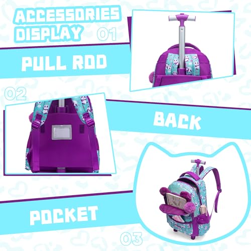 Meetbelify Rolling Backpack for Girls Backpacks with Wheels for Elementary Preschool Students Kids 3 in 1 Travel Luggage Carry on Suitcase with Lunch Box Pencil Case for Girls Age 8-10 - Image 5