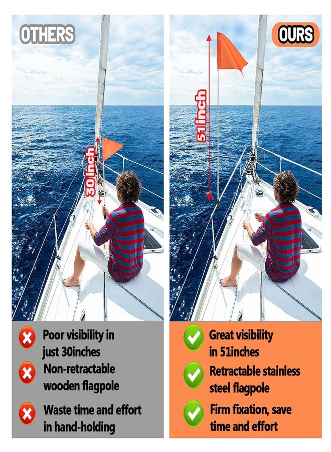 FLAGMESAGE Orange Boat Flag with Replacement Flag, 12” x 18” Water Ski Flag with 52" Retractable Boat Safety Flagpole & Firm Holder, Durable Boating Safety Flag Skier Down Flag for Swimming, Surfing - Image 3