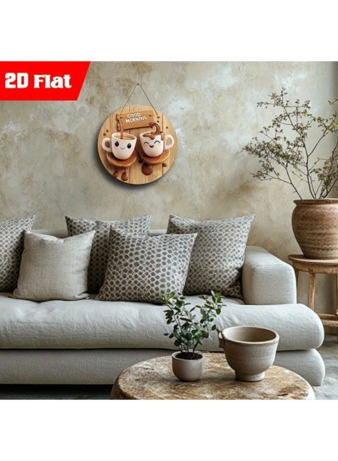 Good Morning Wooden Circular Hanging Sign Featuring 2D Flat Cartoon Coffee Cups Illustration for Kitchen Decor, Cafe Wall Art, and Cozy Home Atmosphere. - Image 3