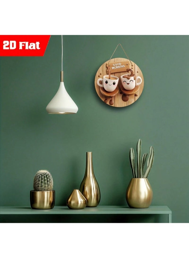 Good Morning Wooden Circular Hanging Sign Featuring 2D Flat Cartoon Coffee Cups Illustration for Kitchen Decor, Cafe Wall Art, and Cozy Home Atmosphere. - Image 4