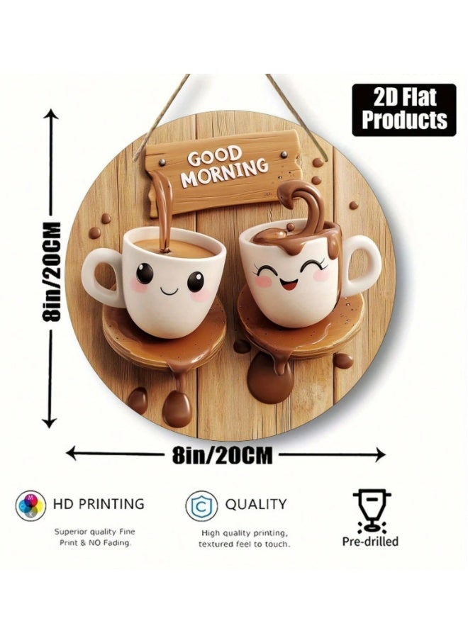 Good Morning Wooden Circular Hanging Sign Featuring 2D Flat Cartoon Coffee Cups Illustration for Kitchen Decor, Cafe Wall Art, and Cozy Home Atmosphere. - Image 2