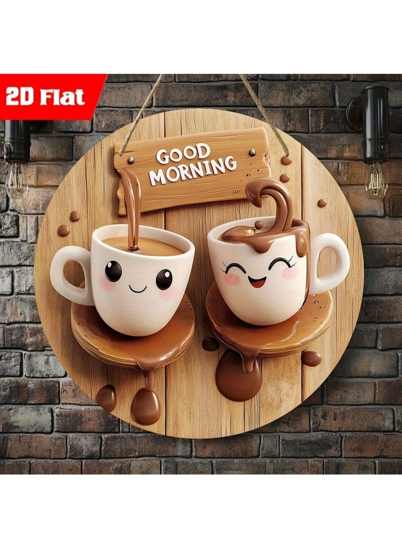 Good Morning Wooden Circular Hanging Sign Featuring 2D Flat Cartoon Coffee Cups Illustration for Kitchen Decor, Cafe Wall Art, and Cozy Home Atmosphere. - Image 1