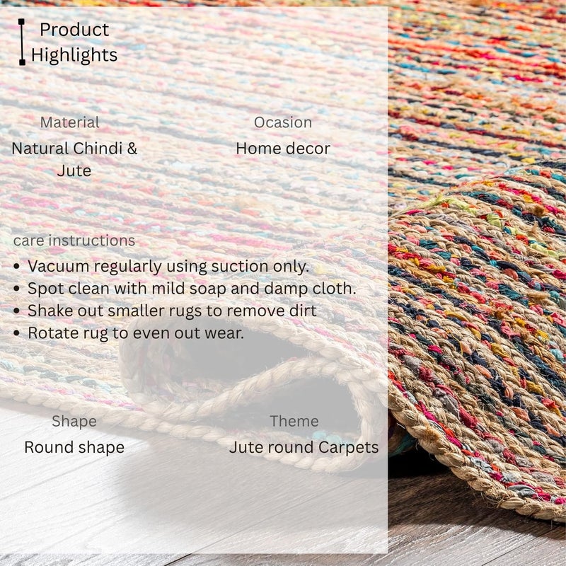 imsid Rounds Jute Carpet – Handwoven Natural Fiber Rug for Living Room, Bedroom, Entryway | Boho Chic Eco-Friendly Area Rug | Rustic Designer Floor Mat:—(Chindi & Jute, 5x5 feet - Image 2