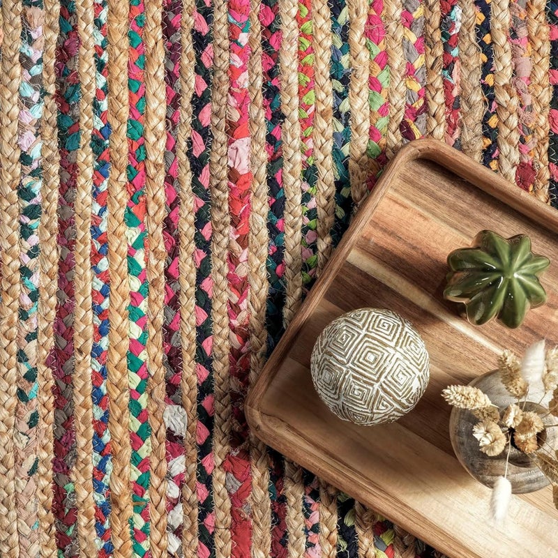 imsid Rounds Jute Carpet – Handwoven Natural Fiber Rug for Living Room, Bedroom, Entryway | Boho Chic Eco-Friendly Area Rug | Rustic Designer Floor Mat:—(Chindi & Jute, 5x5 feet - Image 4