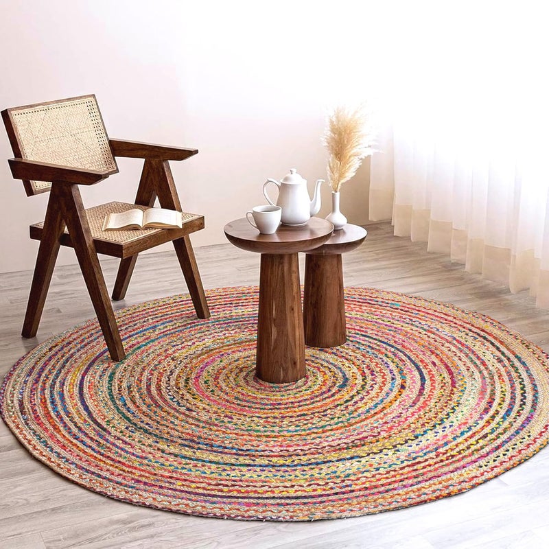 imsid Rounds Jute Carpet – Handwoven Natural Fiber Rug for Living Room, Bedroom, Entryway | Boho Chic Eco-Friendly Area Rug | Rustic Designer Floor Mat:—(Chindi & Jute, 5x5 feet - Image 1