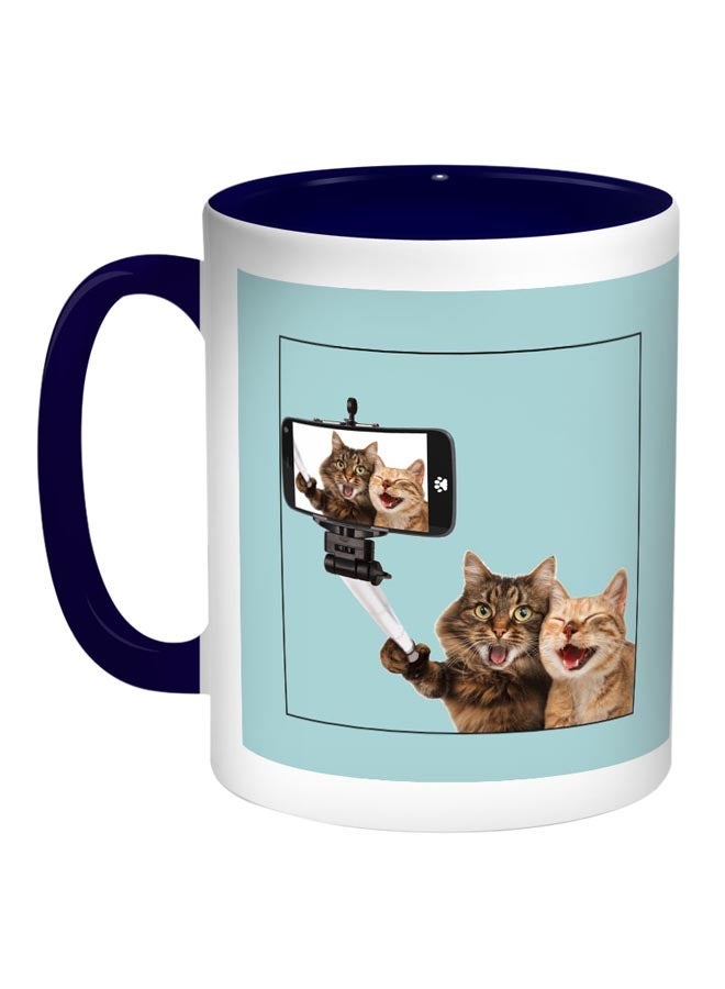 RYN Cat Printed Coffee Mug Blue/White/Brown 11ounce