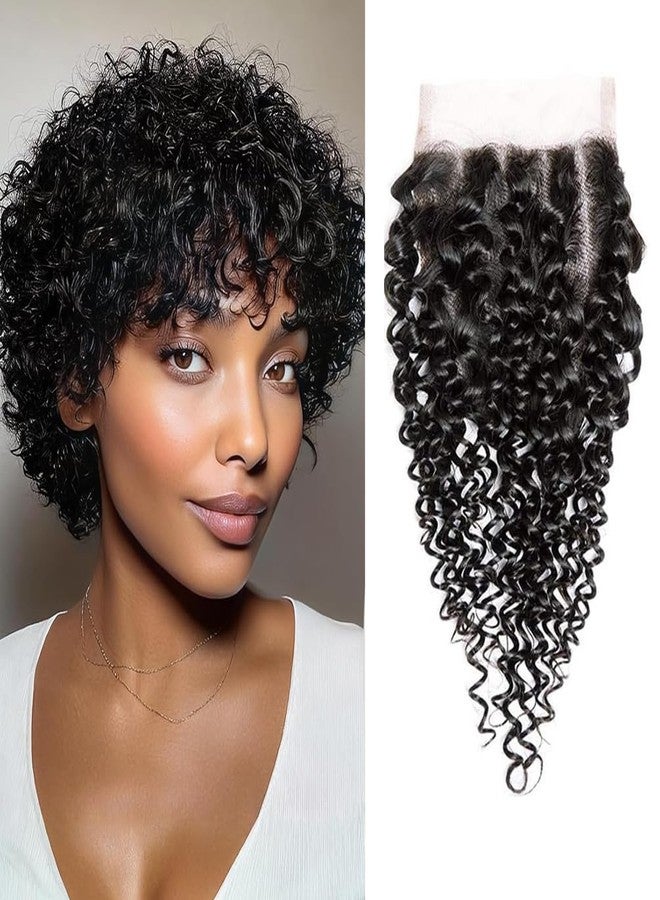 سيلينا وصلة شعر سيلينا المائية المموجة 4x4 مع دانتيل، وصلة شعر مجعدة من الدانتيل، وصلة شعر بشري طبيعي 100% غير معالج، وصلة شعر حرة، لون أسود طبيعي (8 بوصة، مموج مائي). - Image 1