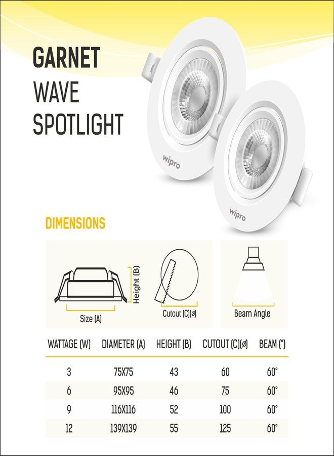 wipro Polycarbonate Garnet 6W Round LED Wave Spotlight|Cob Spotlight for Ceiling|Cool White Light (6500K)|Adjustable Design|Recessed Tiltable Downlighter for False Ceiling|Cutout - 75 Mm|Pack of 1 - Image 3
