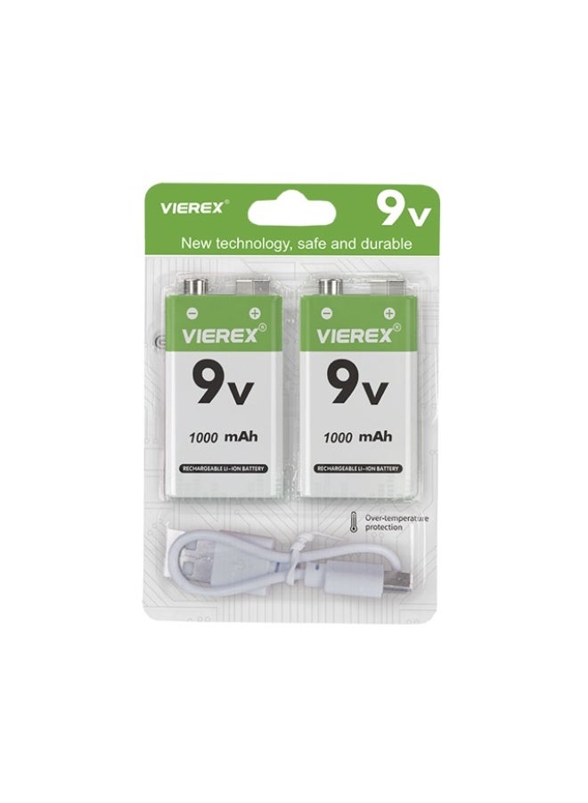 Vierex بطاريات ليثيوم أيون قابلة لإعادة الشحن 9V (عبوة 2) - سعة عالية 1000mAh مع كابل شحن Micro-USB - Image 3