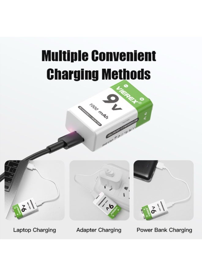 Vierex بطاريات ليثيوم أيون قابلة لإعادة الشحن 9V (عبوة 2) - سعة عالية 1000mAh مع كابل شحن Micro-USB - Image 5